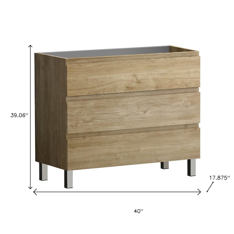 HomeRoots 40" Oak Wood Freestanding Bathroom Vanity With White Sink And Three Drawers - 40.00 in. x 39.06 in. x 17.88 in.