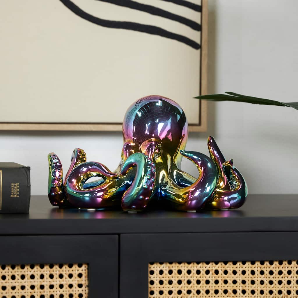 Multi Colored Ceramic Octopus Decorative Sculpture with Rainbow Shimmer Finish