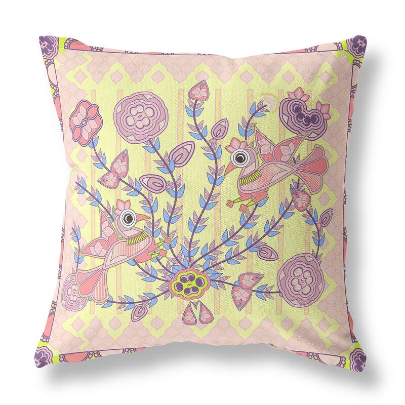 HomeRoots 18" x 18" Yellow Peacock Blown Seam Floral Indoor Outdoor Throw Pillow - 18.00' X '5.00' X '18.00