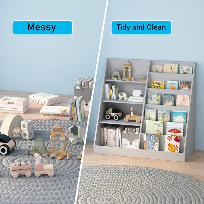 Kids Bookshelf and Toy Storage Organizer, Multifunctional 4 Tier Wooden Kids Book Shelf with Bookcase Display Stand