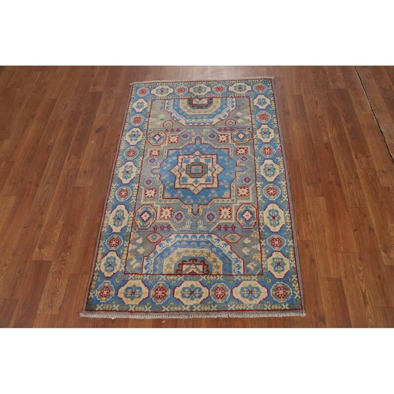 Blue Kazak Foyer Rug Handmade Geometric Wool Carpet - 2'7"x 4'1"