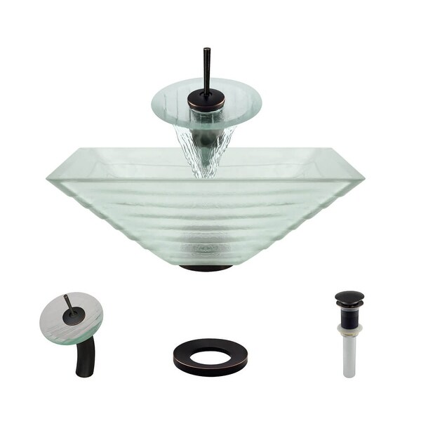 Rene R5-5004-WF 16-1/2" Glass Vessel Bathroom Sink with Waterfall Faucet, Sink Ring, and Vessel Pop-Up Drain