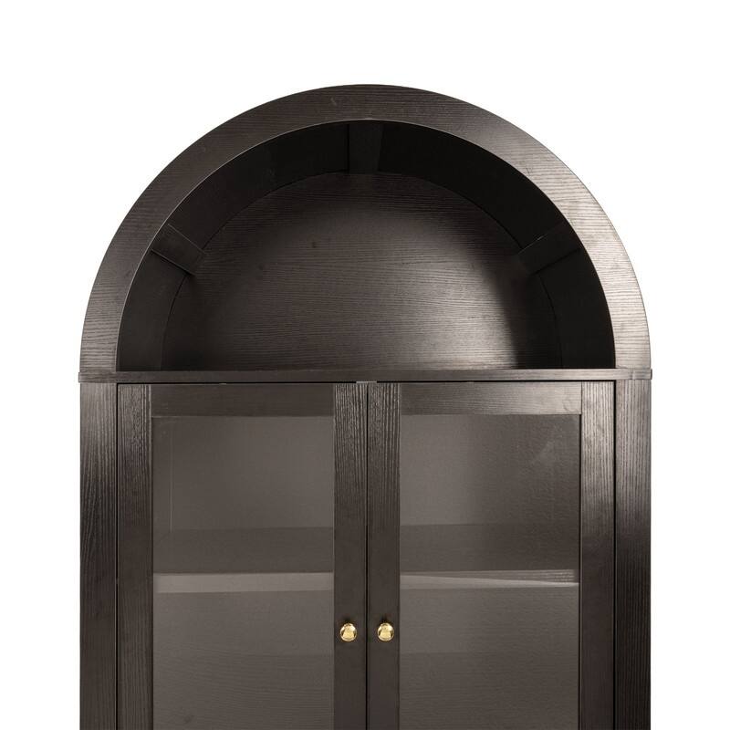 71" Tall Fluted Arched Pantry Cabinet with Glass Doors and Adjustable Shelves for Elegant Kitchen Storage