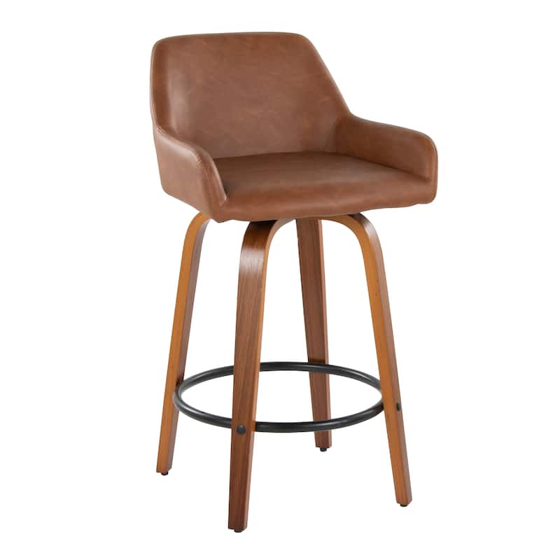 Porch & Den Galotti 26" Fixed-Height Counter Stool with Bent Wood Legs & Round Footrest (Set of 2) - Camel Faux Leather/Walnut/Black Metal