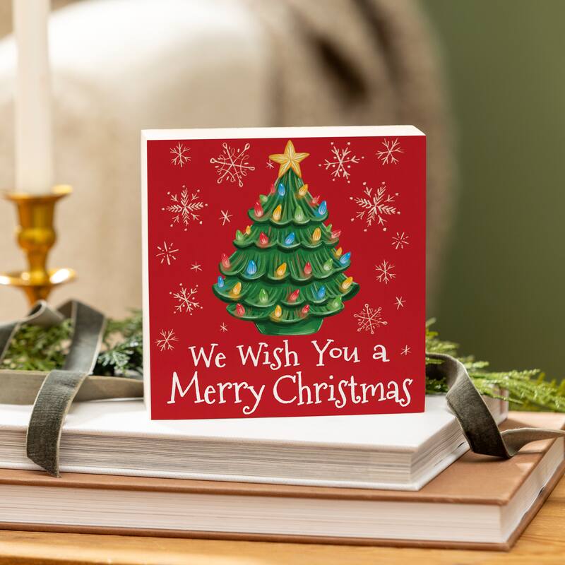 Nostalgia Christmas Tree Sign Wood Block - "We Wish You A Merry Christmas" - 6" x 6" - Multicolor
