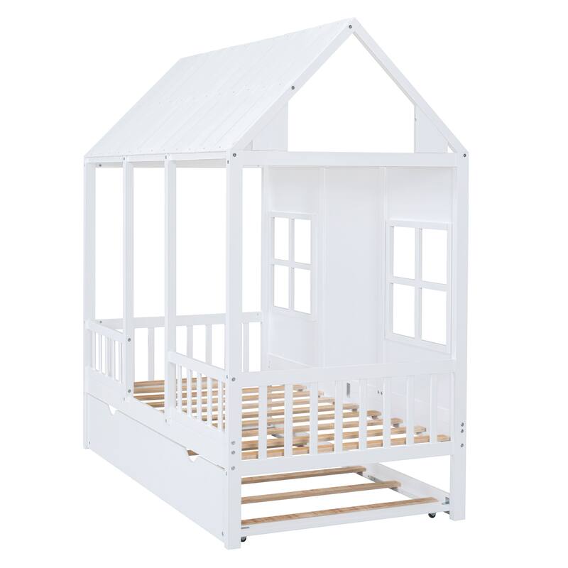 House Platform Bed With Twin Trundle, Wooden Daybed Frame with Rails, Roof and Windows, for Kids Girls Boys