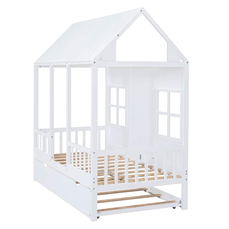 Twin House Bed with Trundle and Playhouse Design, 400lb Capacity, Solid Wood Frame