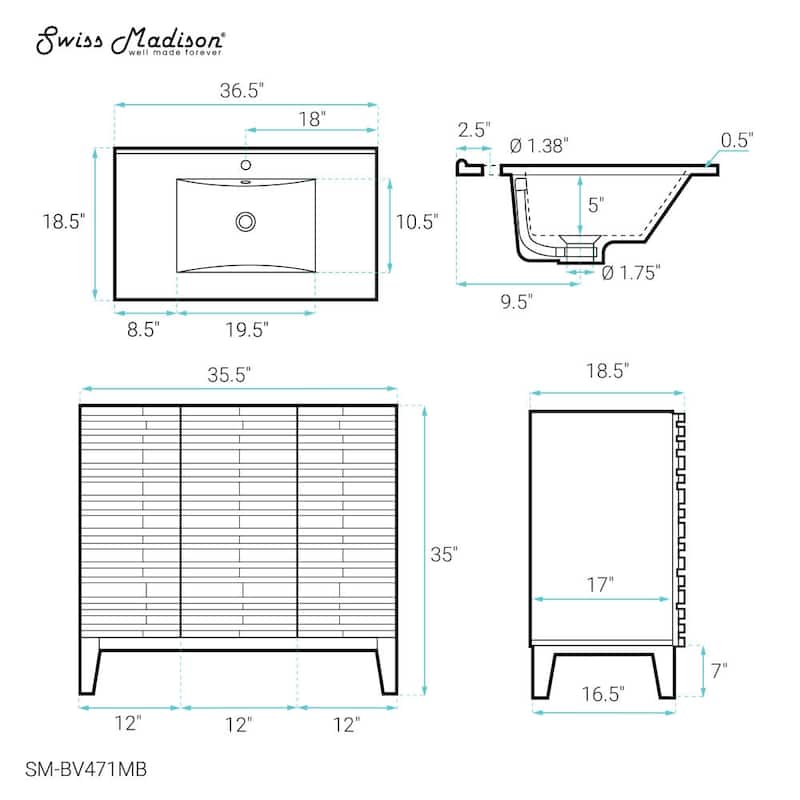 Swiss Madison SM-BV471MB Cascade 37" Free Standing Single Basin Vanity