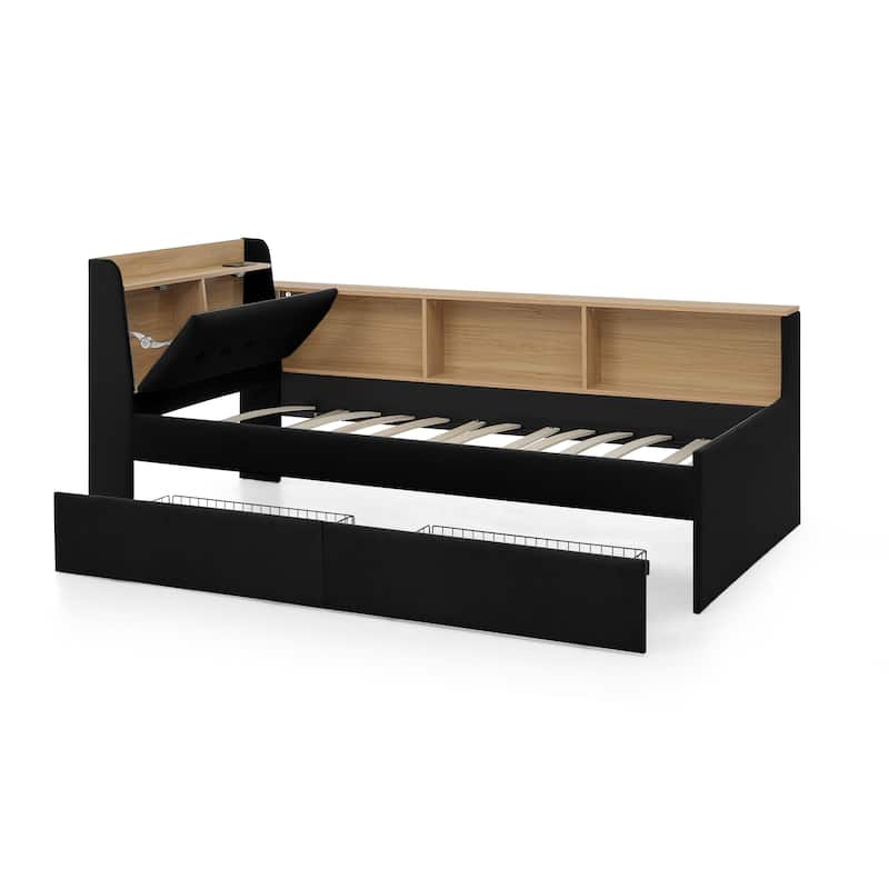 Twin Size Velvet Upholstered Daybed with Storage Headboard, LED and Wireless Charging - Optional Trundle Bed or Storage Drawers