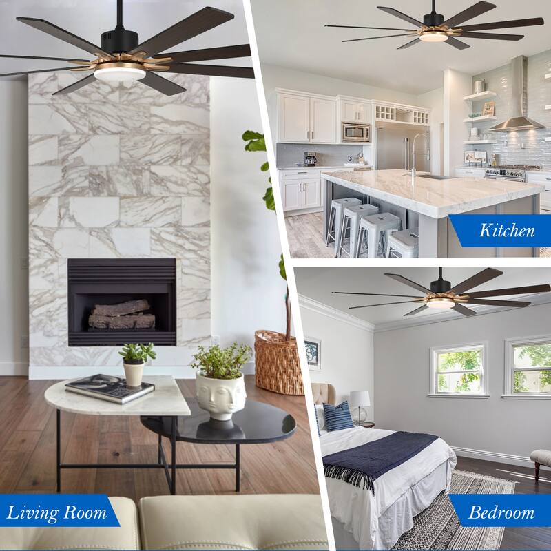 CurveCurio Large 72" Sleek Modern 8 Wood Blades Ceiling Fan with 3 Color Tone Dimmable LED Light Kit Incldued for Living Room