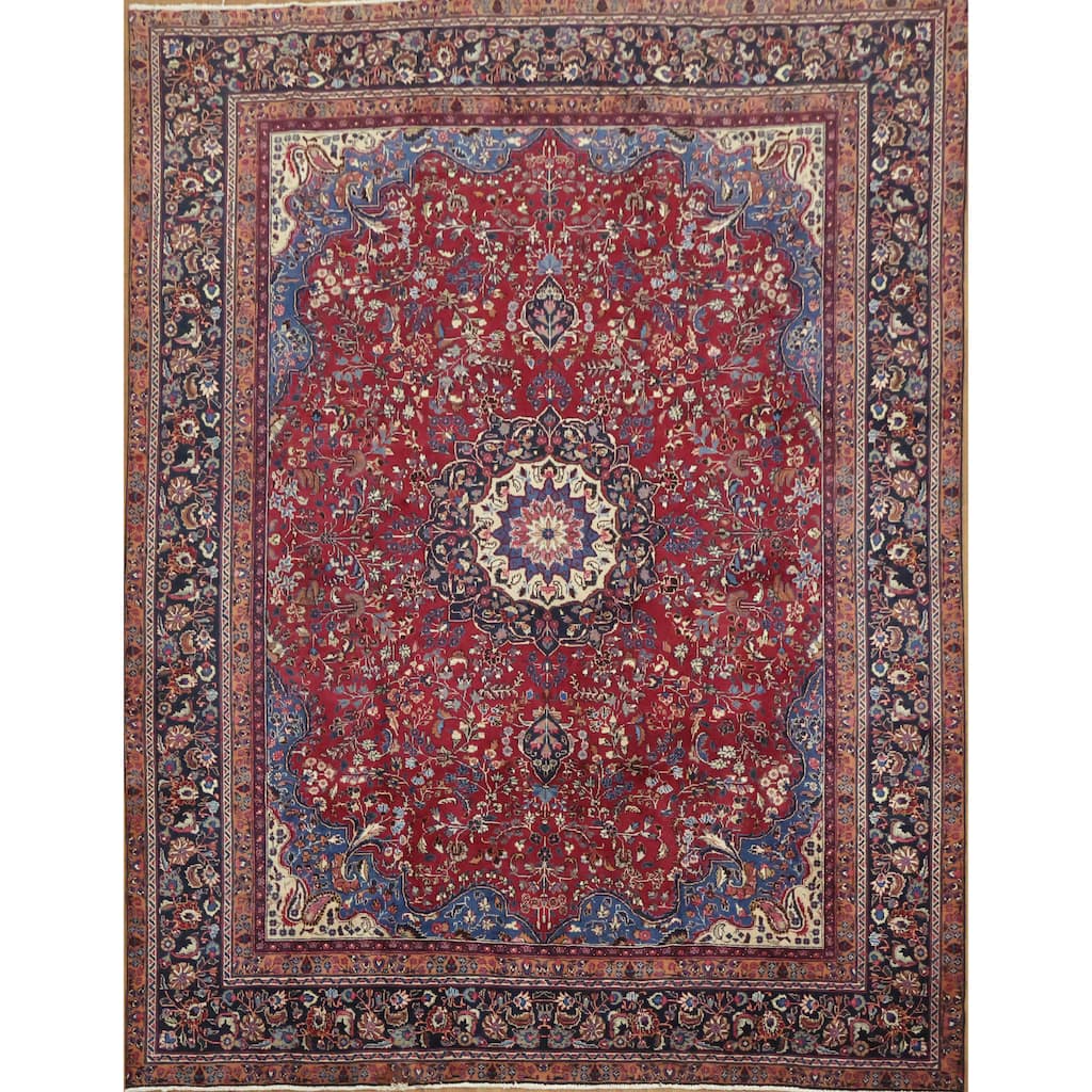 Hand Knotted Oriental 100% Wool Carpet Traditional Floral Red Mashad Area Rug - 12' 2'' X 9' 5''