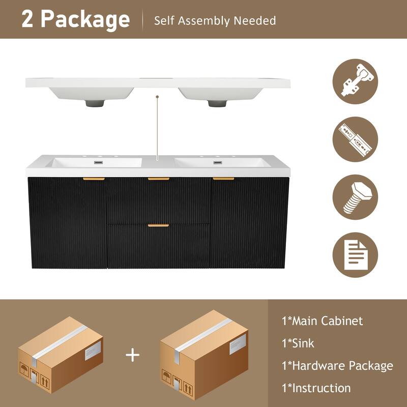 59.3" Double Sink Vanity with SMC Top & Soft-Close Doors, Wall-Mounted Modern Bathroom Storage