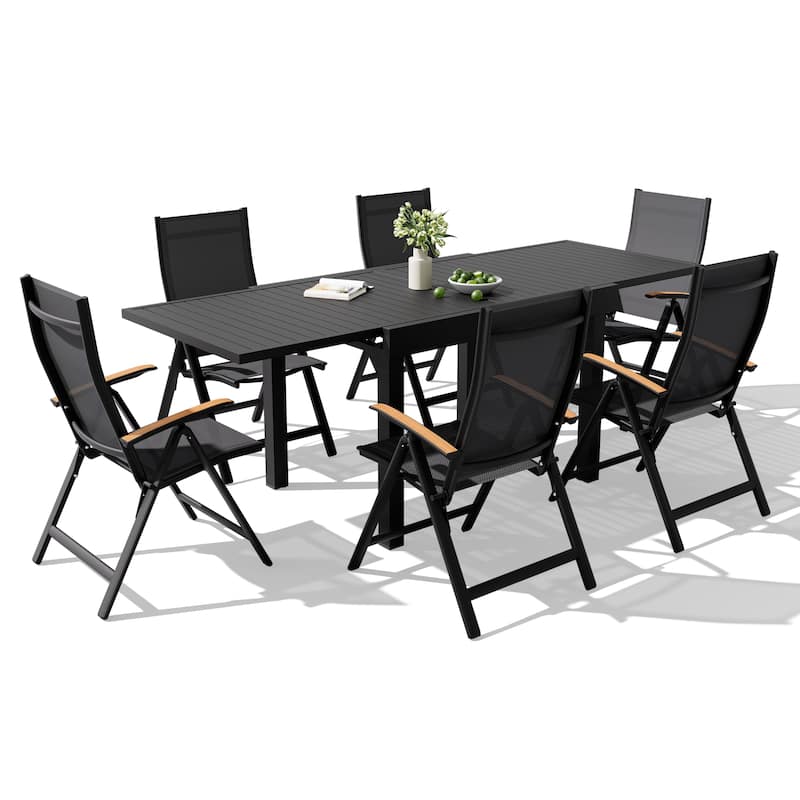 VredHom 7PC Outdoor Patio Aluminum Expandable Rectangle Dining Set Table with Folding Chairs - Black