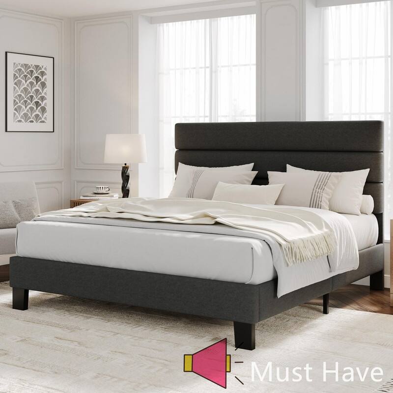 Platform Bed Frame with Adjustable Linen Headboard, Wood Slats