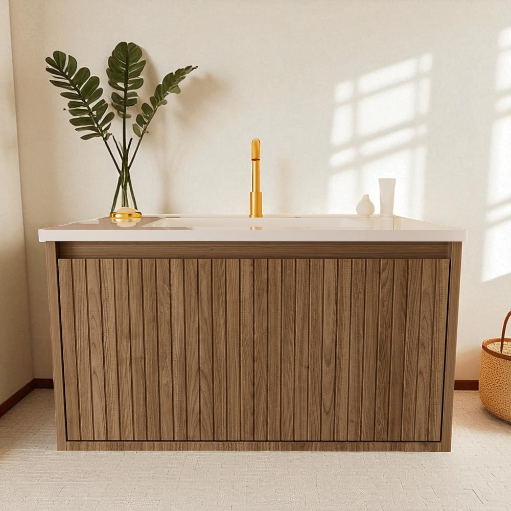 30 Inch Wall Mounted Bathroom Vanity with Ceramic Sink, Floating Cabinet with Drawers, Modern Fluted Design