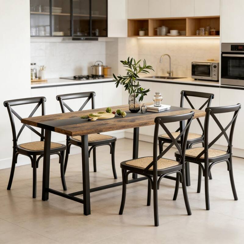 Long Dining Table, Kitchen Table with Large Tabletop and Steel Legs, for Your Home - Black,Rustic Brown - Black,Rustic Brown