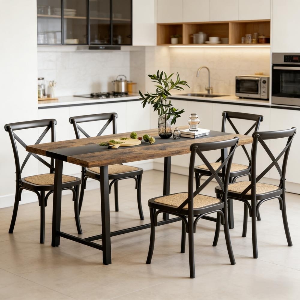 Long Dining Table, Kitchen Table with Large Tabletop and Steel Legs, for Your Home - Black,Rustic Brown