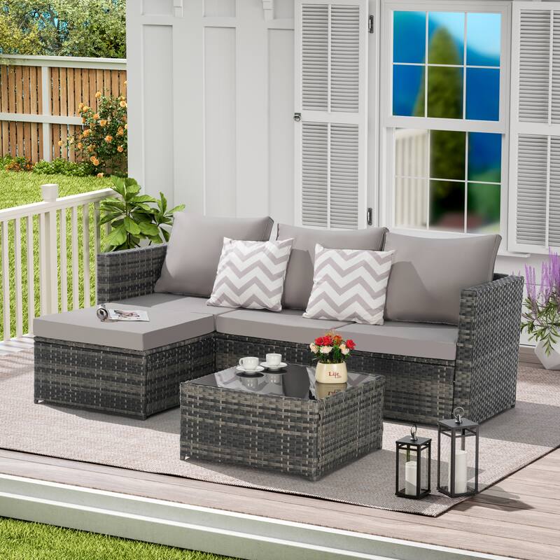 Wicker Conversation Set with Ottoman and Detachable Lounger, 2 Pieces Sectional Sleeper Couches for Backyard Poolside