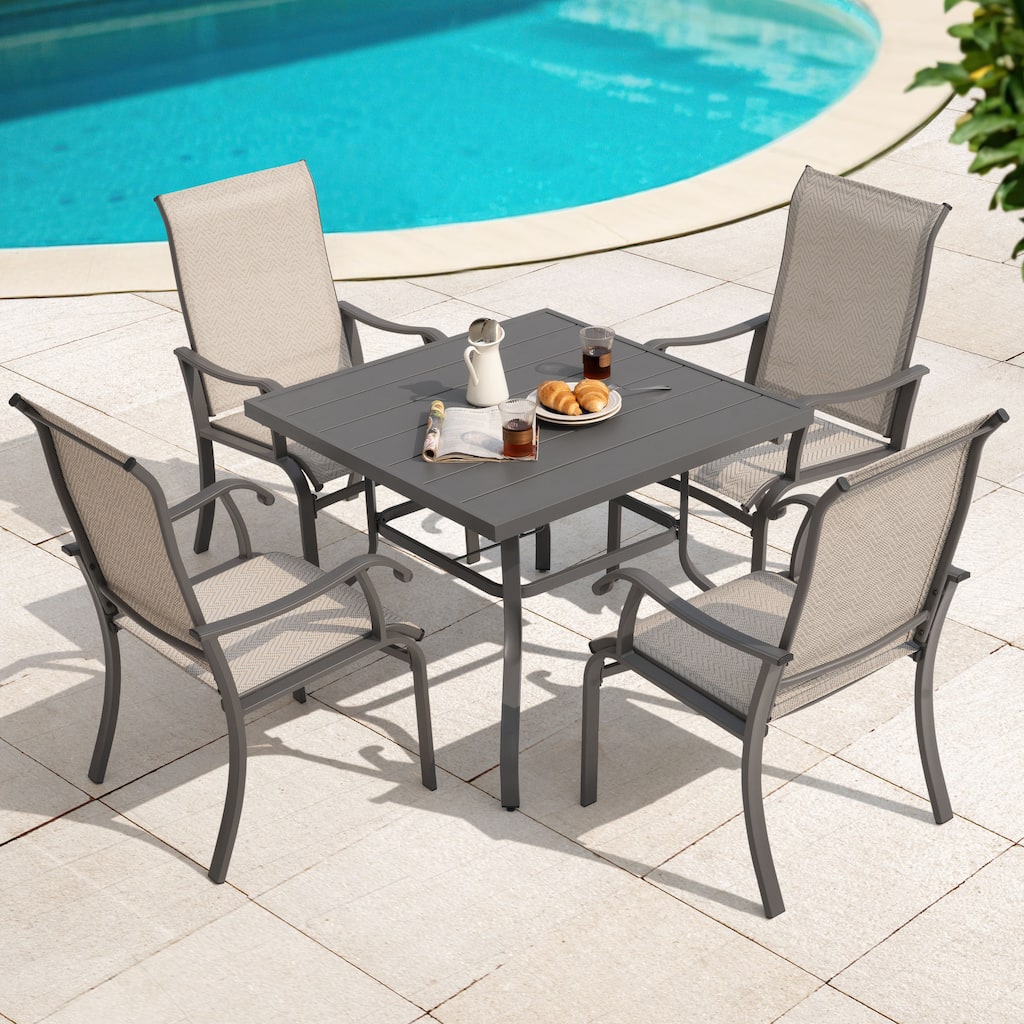 Nuu Garden Patio Metal Textilene Dining Set of 5 with Umbrella Hole and High Backrest
