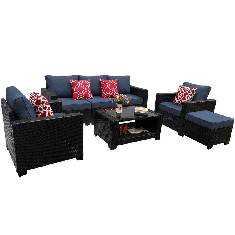 7 Piece Patio Furniture Set, Outdoor PE Rattan Wicker Sectional Sofa Set with 2 Sofa Chairs and Tempered Glass Table