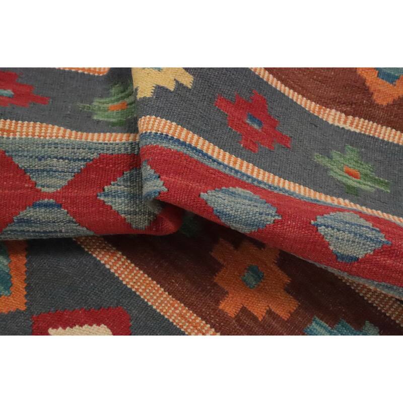 Hand Woven Oriental 100% Wool Carpet Southwestern Tribal Greys & Charcoal Kilim Area Rug - 5' 6'' X 4' 1''