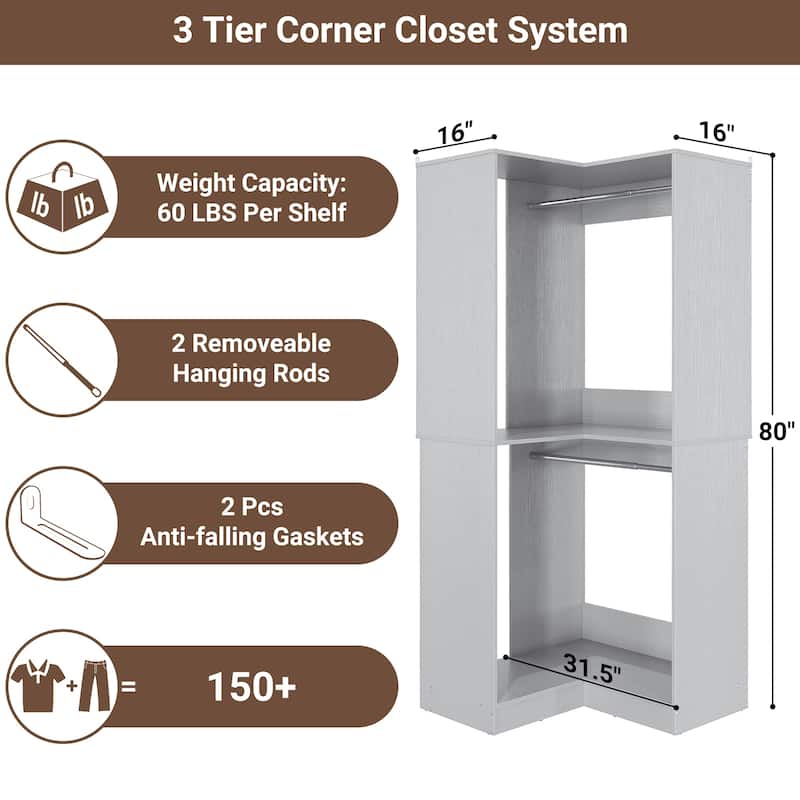 Vryon Corner Closet Organizer, Space-saving Closet System with Hanging Rods for Walk-in Closet