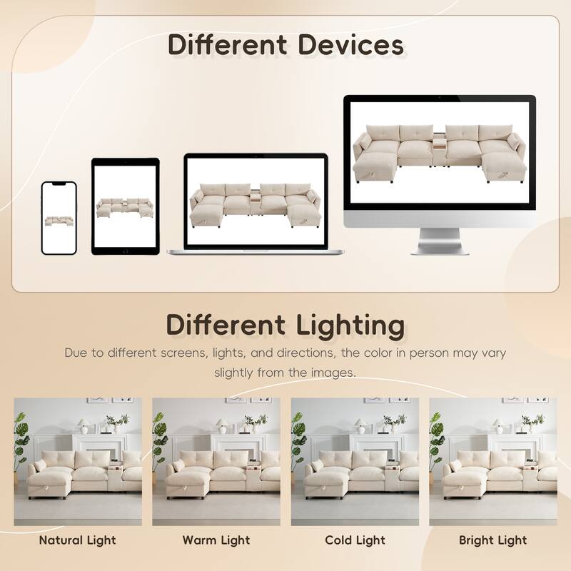 Roomfitters 136'' Modular U-Shaped Sectional Sofa with Console, Cup Holder, USB, Storage Ottoman, Chenille