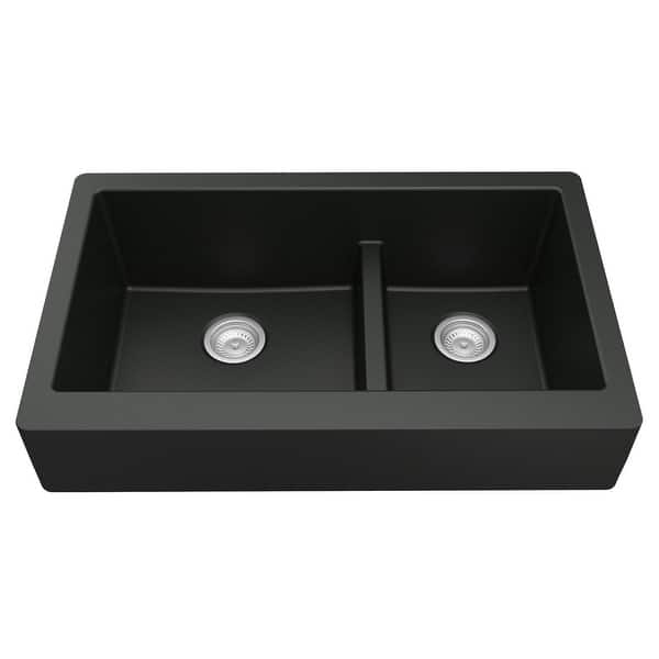 slide 2 of 53, Karran Retrofit Apron-Front Quartz Double Bowl Kitchen Sink Black