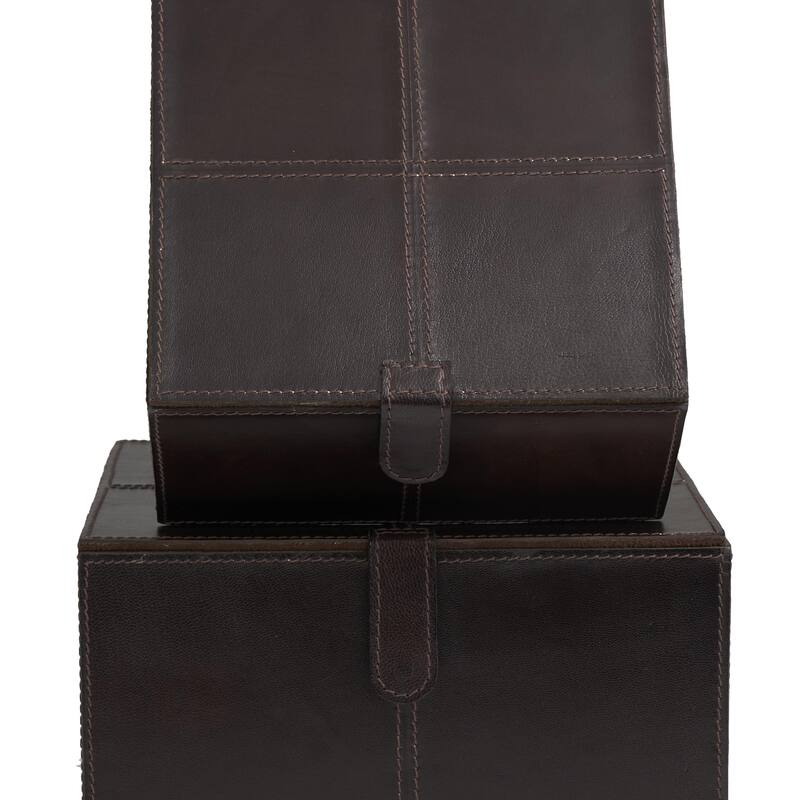 Leather Handmade Decorative Box with Hinged Lid - Set of 2 Gray, Brown, Dark Brown, Gold, Silver - Roche River Decor