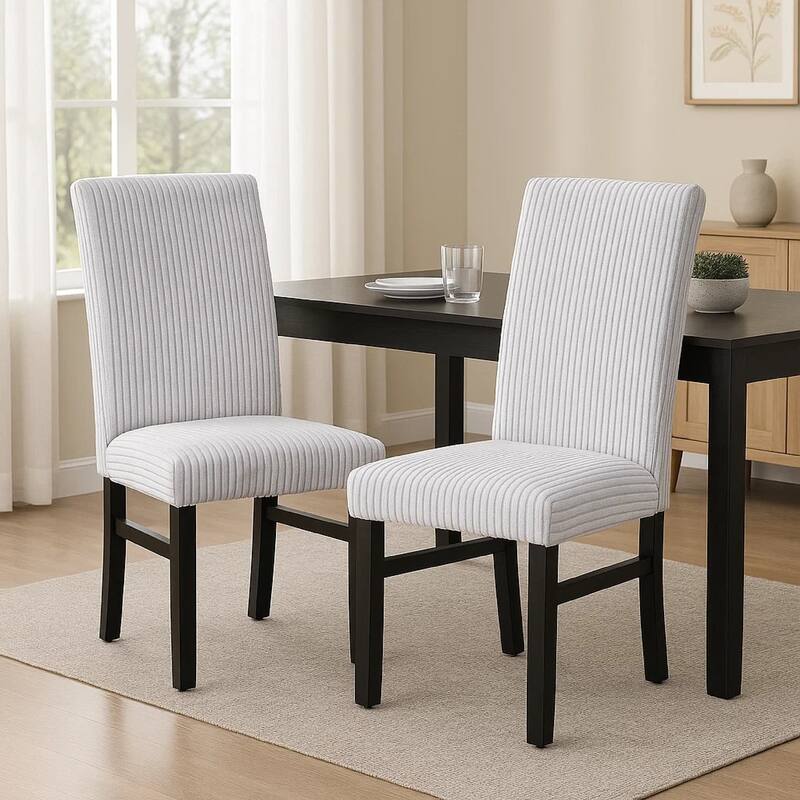 Ticy Dining Chair Set of 2, Light Gray Padded Seat, Black Wood Legs