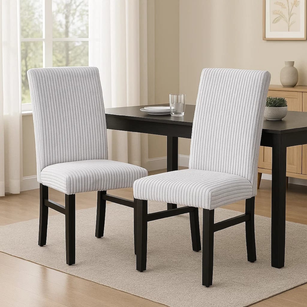 Ticy Dining Chair Set of 2, Light Gray Padded Seat, Black Wood Legs