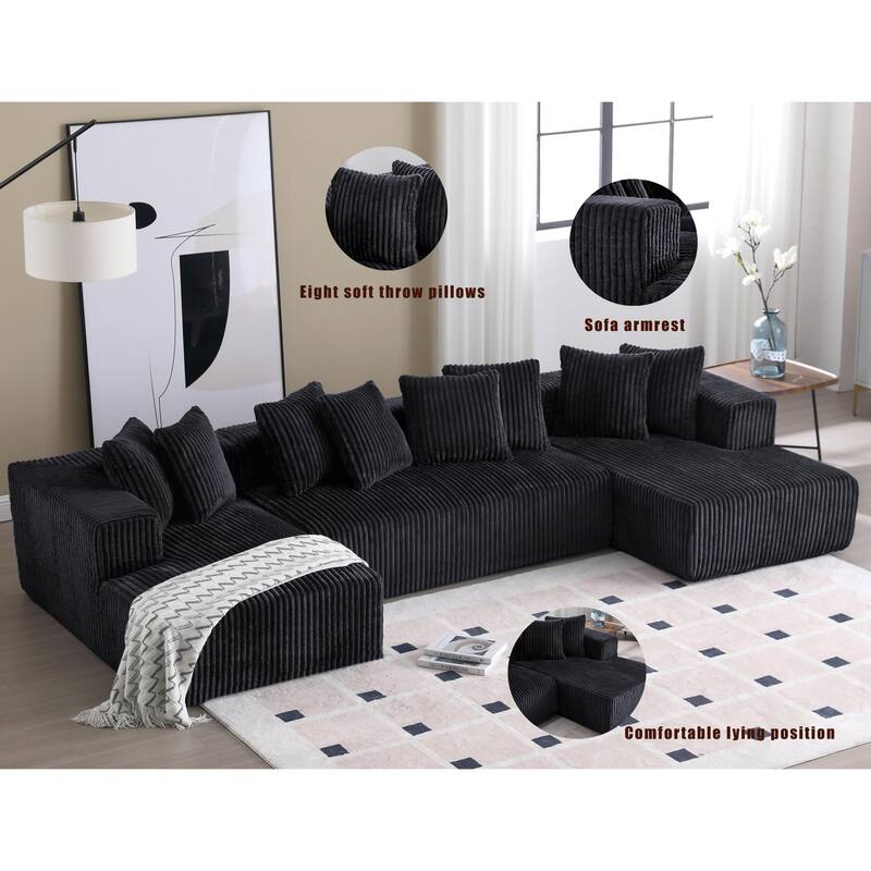 131'' Modular U-shaped Striped Corduroy 4 Seater Sofa, Black