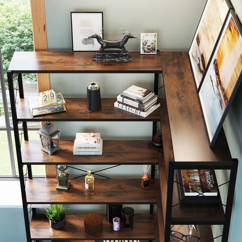 6-Shelf Corner Bookshelf, Vintage Industrial with Storage Cabinet, Large Bookcase Wooden - 6 Tier