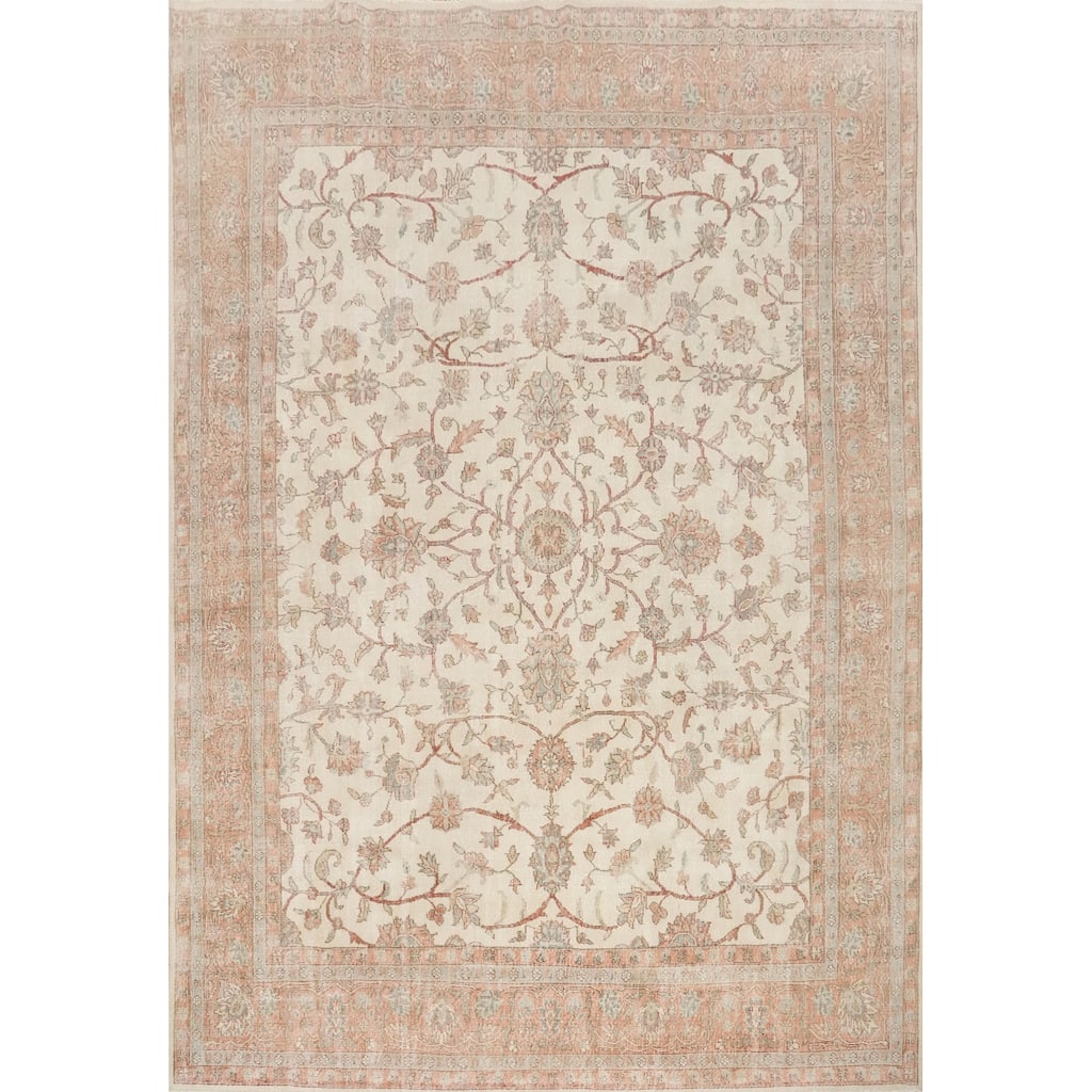 Hand Knotted Oriental 100% Wool Carpet Traditional All-Over Beige & Ivories Tabriz Area Rug - 11' 2'' X 9' 5''