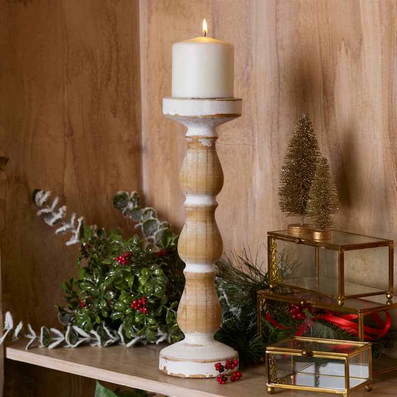 Elements White Wood Candle Holder, 13 Inch