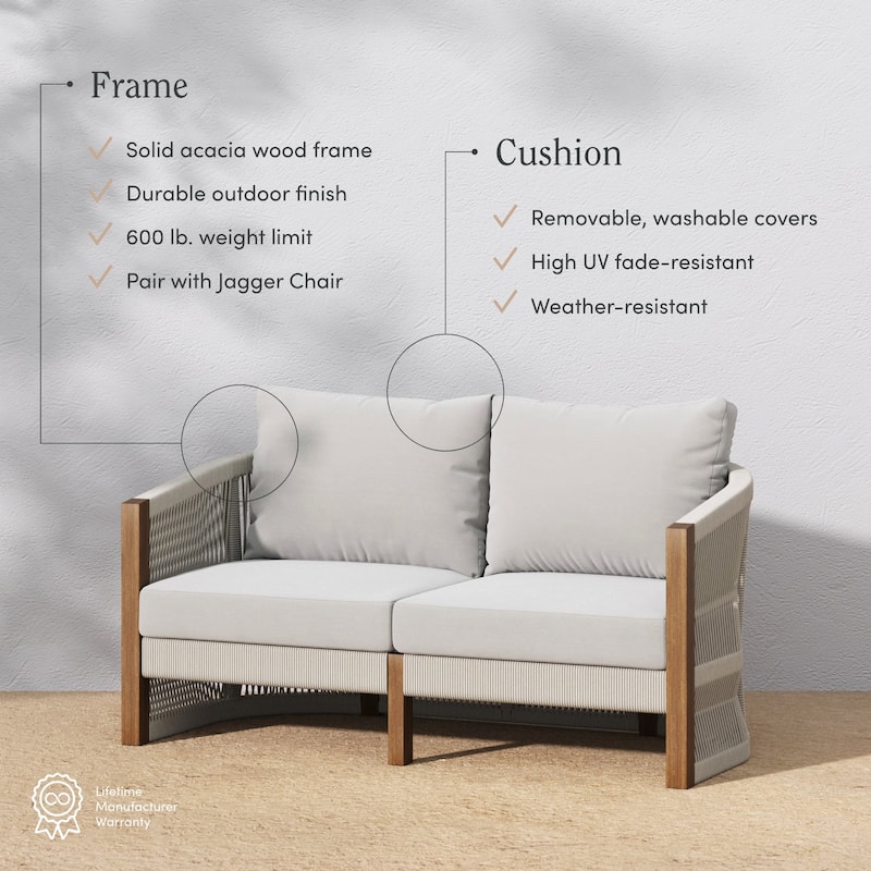 Jagger Farmhouse Patio Seating with Solid Acacia Wood Frame, Cushions, and Rope Accent