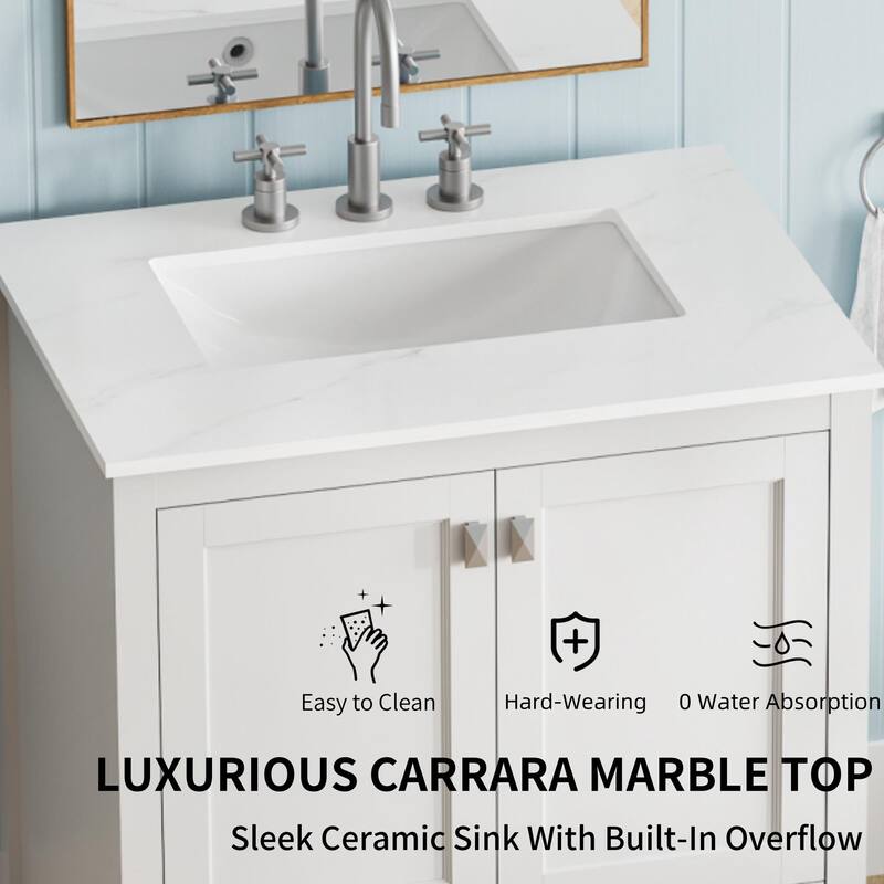 30" Bathroom Vanity with Sink Combo, Fully Assembled Bathroom Sink Cabinet with Marble Countertop, White