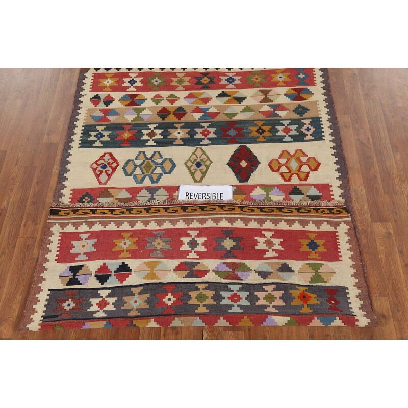 Kilim Qashqai Persian Vintage Rug Handmade Beige Wool Carpet - 4'7"x 7'4"