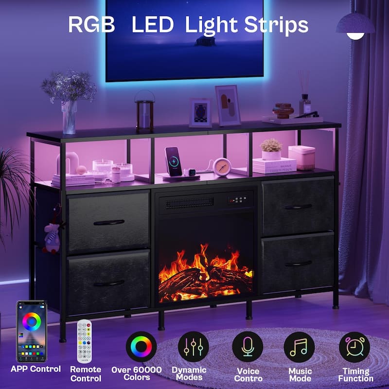 BOSSIN Fireplace TV Stand & Entertainment Center with LED Lights, 4 PU Leather Drawers, Open Shelves, and Built-in Power Outlets