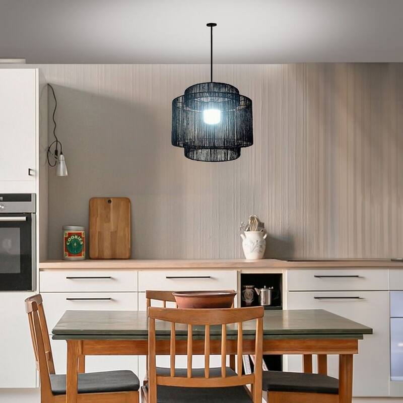 Two Tier Pendant Light With Natural Jute Weaving - Black