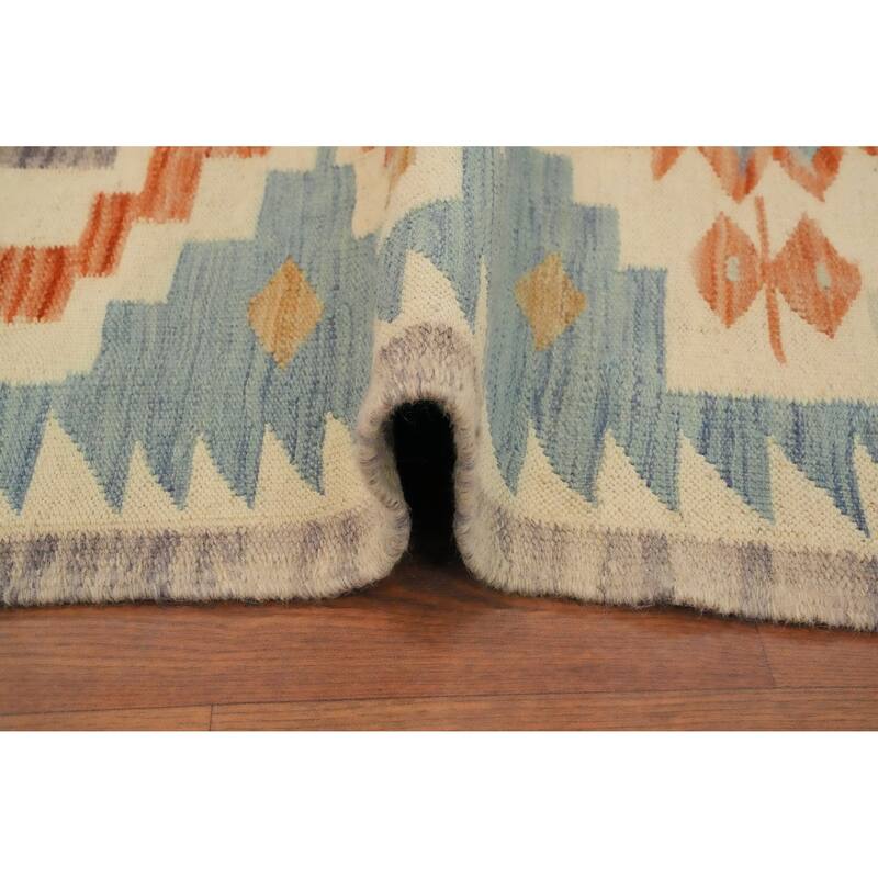 Hand Woven Oriental 100% Wool Carpet Southwestern Tribal Navy Blue & Blues Kilim Runner Rug - 9' 7'' X 2' 9''