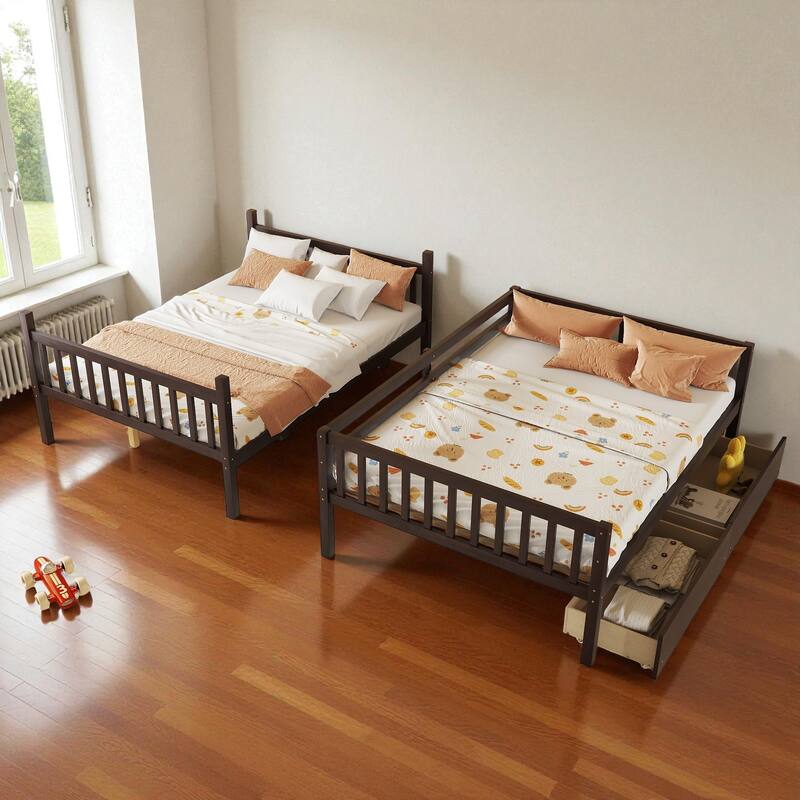 Full Over Full Rubber Wood Bunk Bed with 2 Storage Drawers, Convertible into 2 Full Beds, Ladder and Safety Guardrails