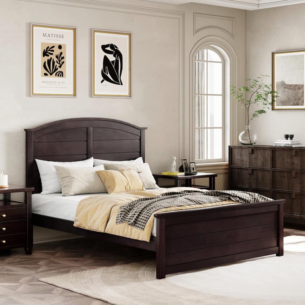 Farmhouse Wooden Platform Bed with Curled Design Headboard and Footboard
