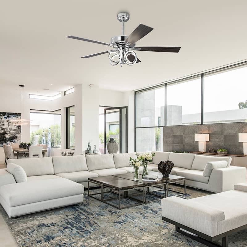 52-inch Modern Chrome Ceiling Fan with Dimmable LED Light and Reversible Motor - 52-inch W*19.3-inch H