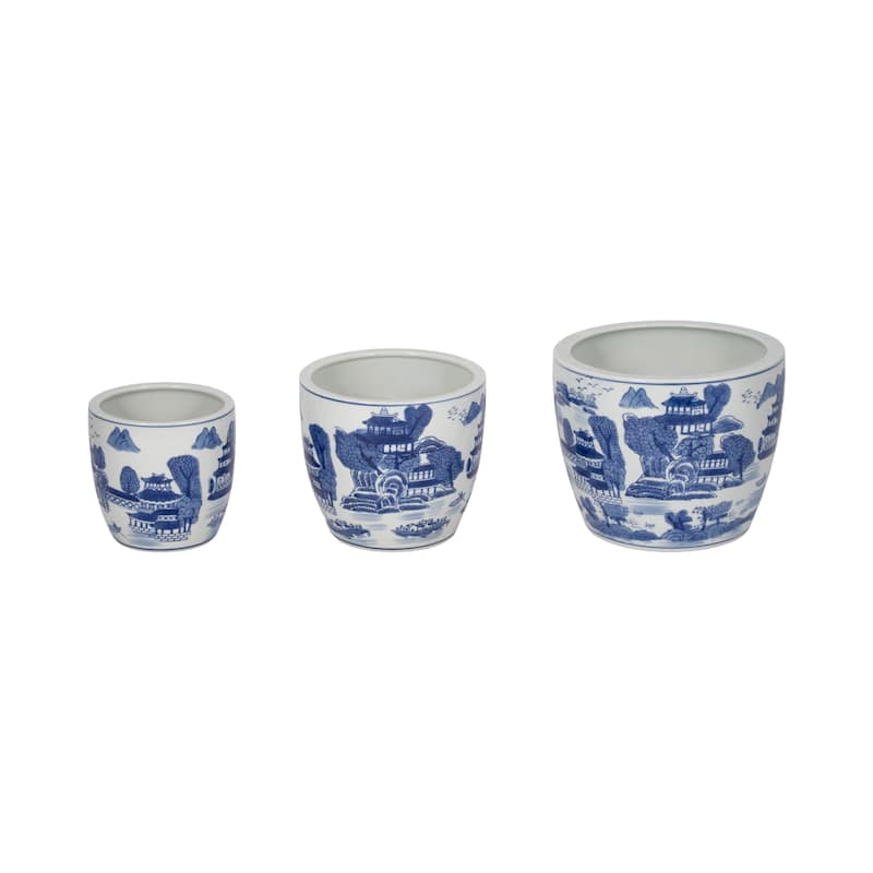 Set of 3 Ceramic Planters Contemporary Vintage Style Blue and White Planters with Chinoiserie Style Design for Home or