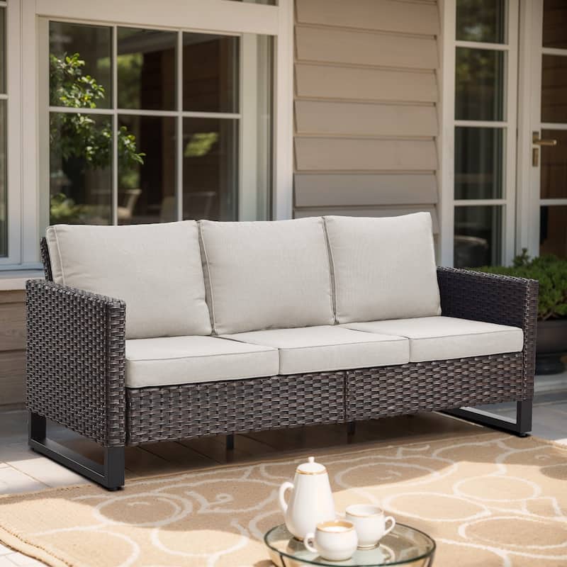 Gymojoy 3-Seat Outdoor Sofa, All-Weather PE Wicker - 1-Piece - Brown Wicker / Beige Cusion