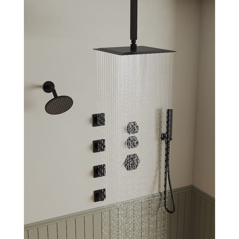 Dual Heads Thermostatic Shower Faucet with 12" Rainfall Shower, Handhels Spray And Body Jets - 12" x 6"