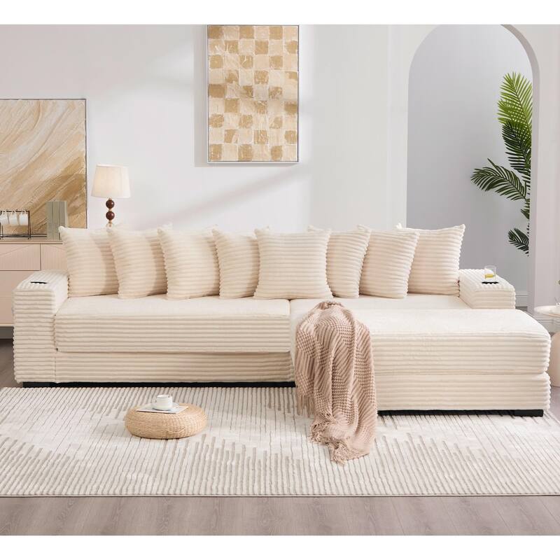 110.75" Corduroy Sectional Sofa, Convertible Sleeper Sofa Bed L-Shaped Upholstered Couch with Removable Footstool, Cup Holder