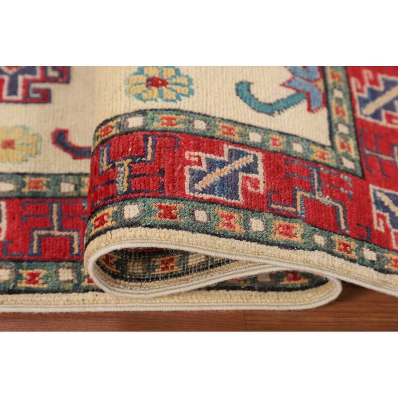 Ivory Geometric Kazak Foyer Rug Hand-Knotted Wool Carpet - 2'9" x 4'2"