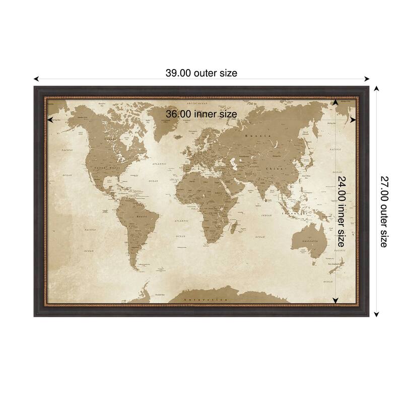 Amanti Art Framed Fabric Pinboard Antique Style World Map by Inner circle Printed Bulletin Board - Board Size 36 x 24 - Ashton Black